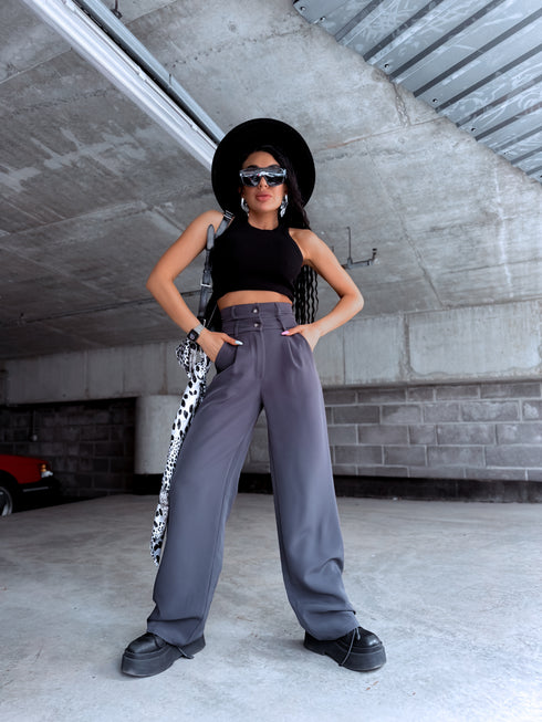 TRENDY, classic pants with buttons - DARK GRAY